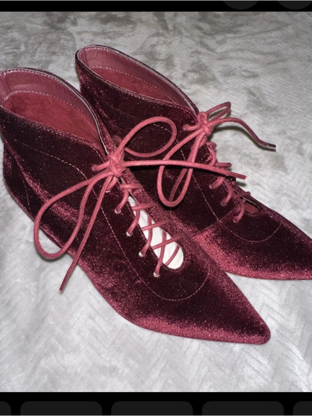 Miss L-Fire Velvet Lace-Up Pointed Ankle Boots in Burgundy